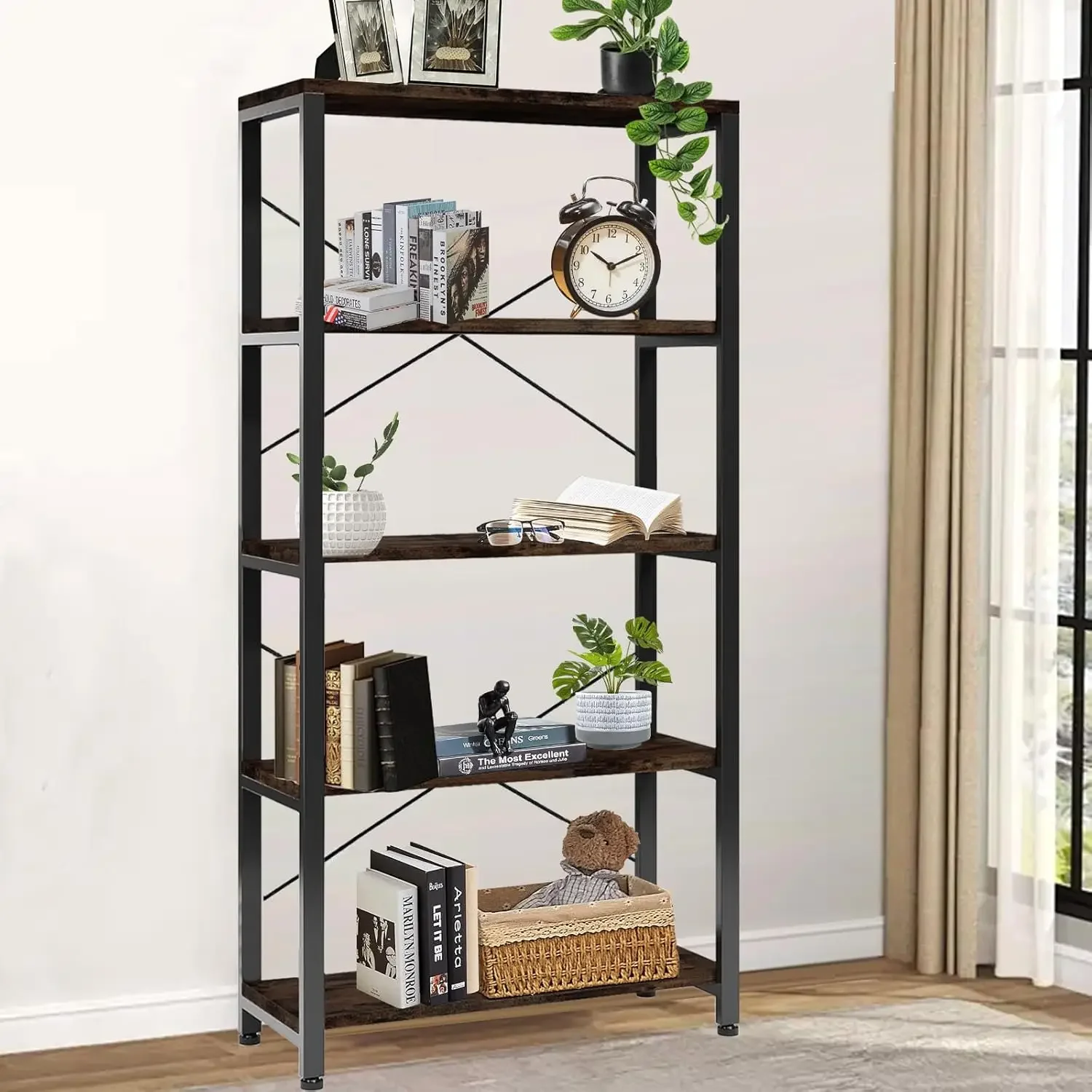 

5-Tier Bookshelf, 70in Tall Bookcase with Metal Frame, Rustic Industrial Style Bookshelves Storage Shelves for Living Room