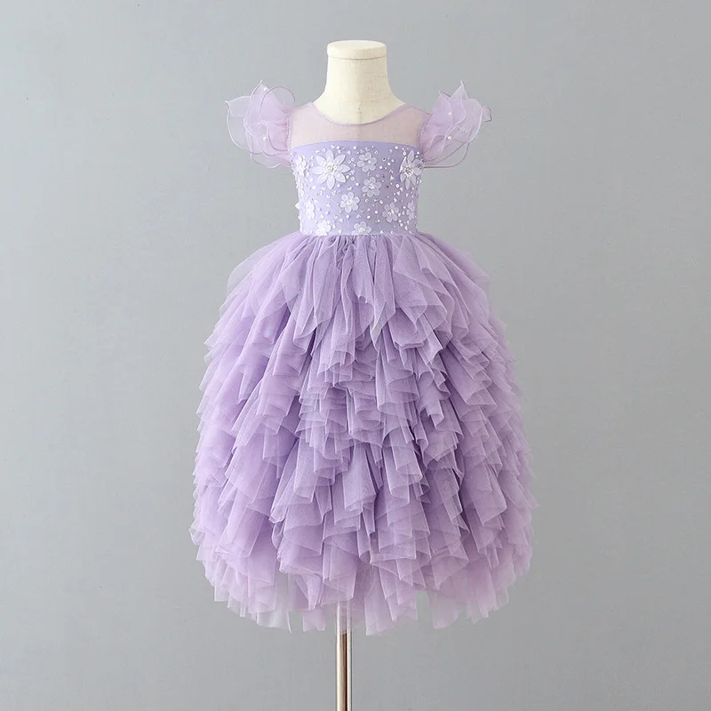 Girls Summer Tutu Dress Baby Girls Lace Princess Outfit Toddlers Purple Mesh Applique Flying Sleeve Party Clothing Layered Dress