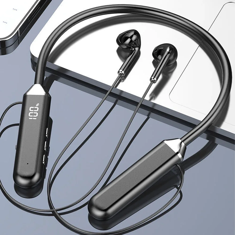 Наушники с шейным ремешком, Bluetooth 5.2, сверхдолгое время работы в режиме ожидания, стерео, шумоподавление, спортивные наушники с цифровым дисплеем