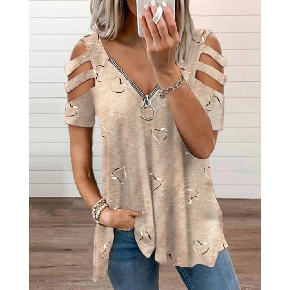 

2024 Summer Women's V-Neck Zipper Printed Short Sleeve Tops Loose T-Shirts