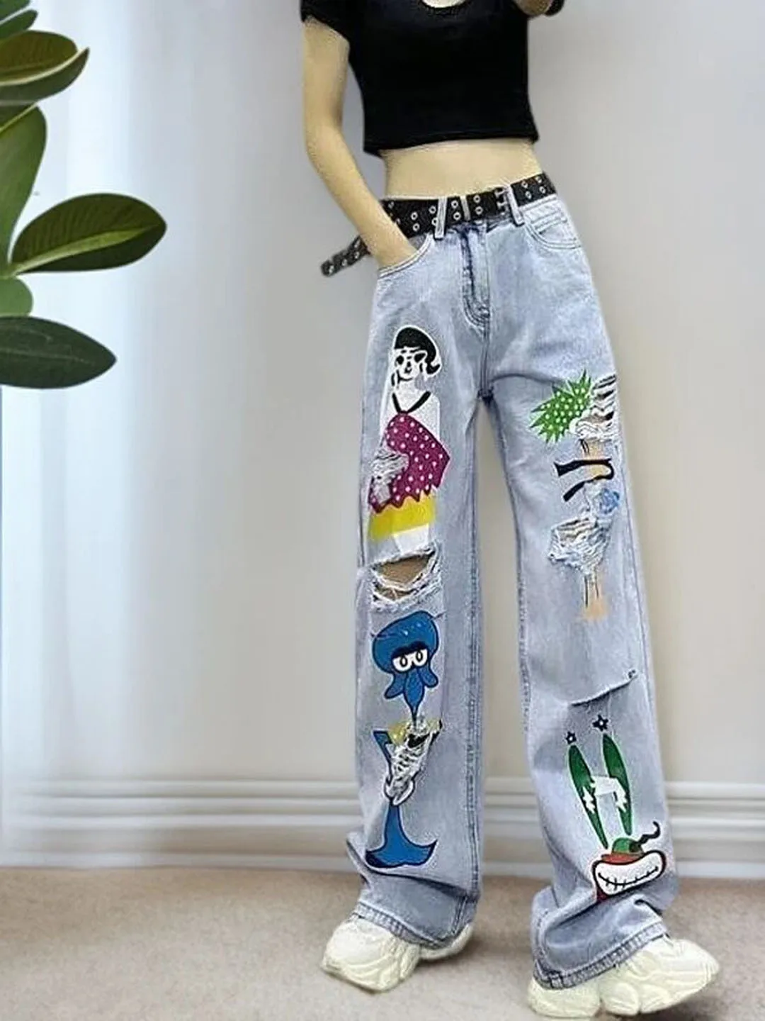 Hand-Painted High-Waisted Wide-Leg Straight Jeans Women's Spring Autumn New Style Slimming Loose-Fitting Versatile Long Pants