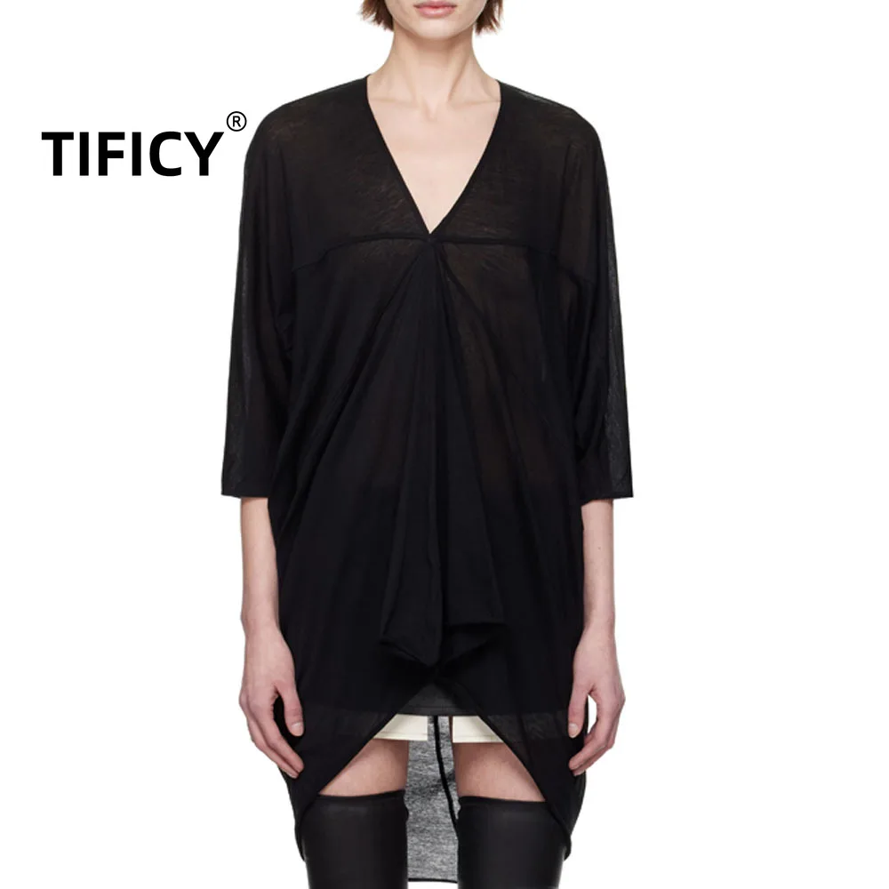 

High Street RO Style Dark Medium Long Thin Transparent V-neck T-shirt Women Patchwork Loose Sun Protection Tshirt Clothing