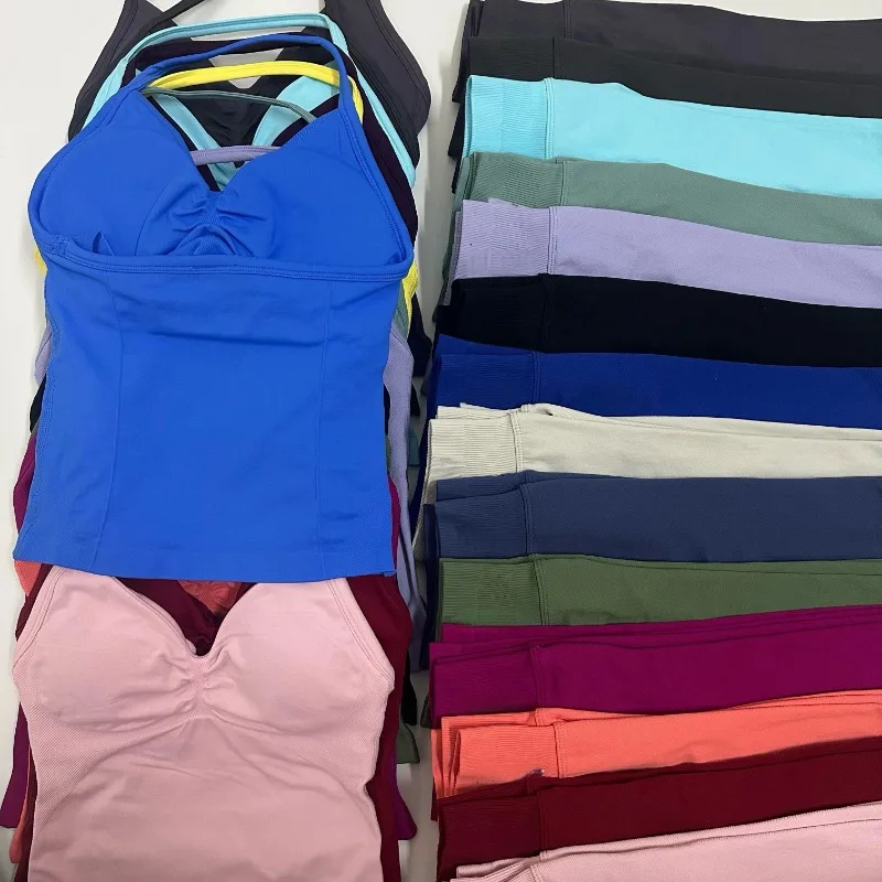 2 قطعة اليوغا مجموعة السيدات الصالة الرياضية التدريب طماق و الرقبة تانك اليوغا اللياقة البدنية سلس مجموعة بيلاتيس الملابس تجريب ملابس رياضية