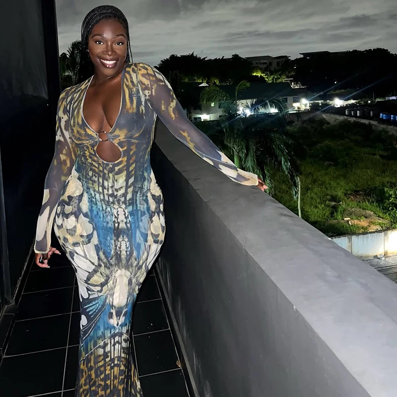 Butterfly Print Dress Woman Metal Ring Hollow Low-Neck Full Sleeve Splits Robe Midnight Elegant Sexy Faashion Vestidos