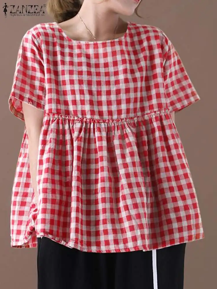 

ZANZEA Square Collar Checked Tunic Tops 2024 Fashion Ruffled Hem Loose Casual Gingham Blouses Summer Short Sleeve Women Blusas