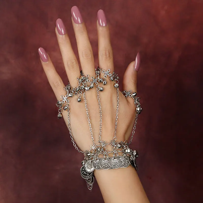 Women's Bohemian Bracelet Vintage Coins Bell Ring Bracelet Jewelry Belly Dance Hand Back Chain Bracelet Hand Decoration