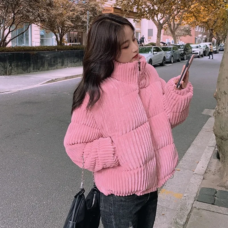Winter Corduroy Crop Parkas Women Solid Korean Loose Stand Collar Student Puffy Coats Casual Long Sleeve Baggy Preppy Outwear
