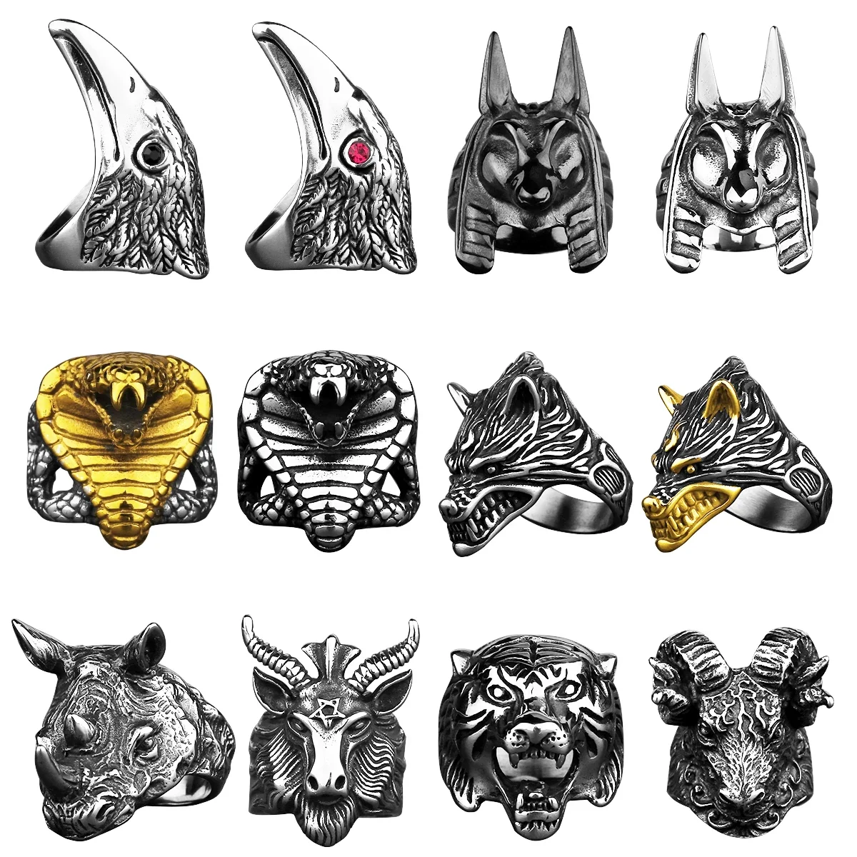 Titanium Steel Animal Men\'s Ring Elephant Lion Tiger Leopard Wolf Dog Dragon Bird Snake Cow Sheep Punk Hip Hop Jewelry Wholesale