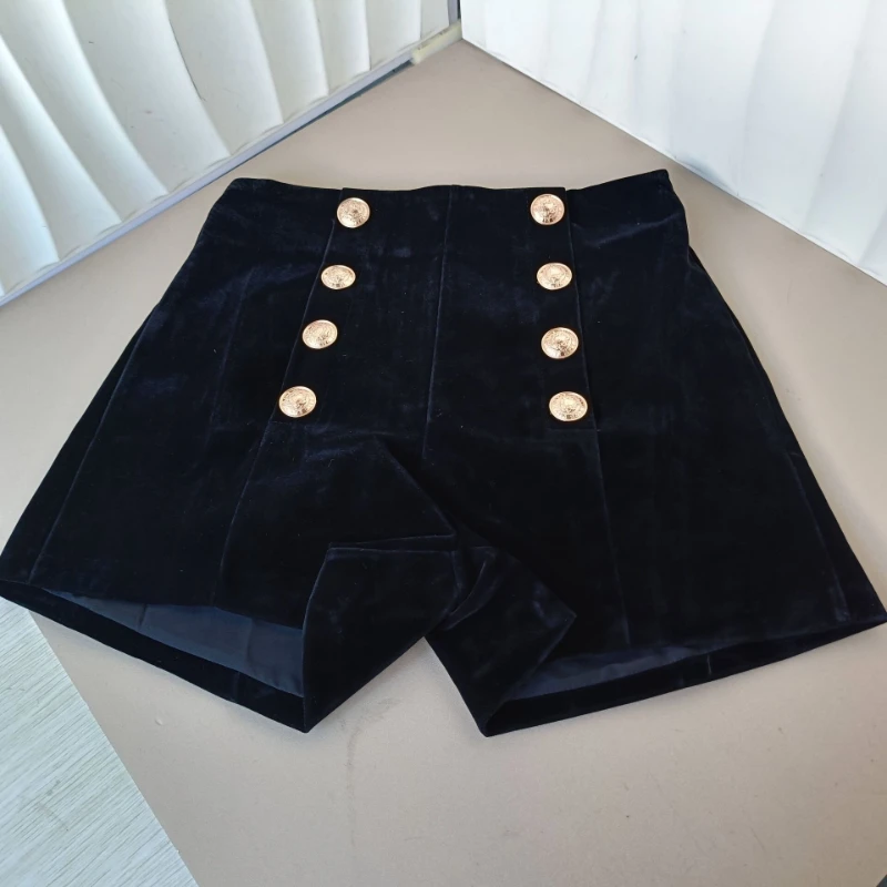 High Waist Gold Velvet Wide Leg Shorts Chic Double Breasted Zip Bottoms Autumn Winter Fashion All-match Casual Ropa Mujer