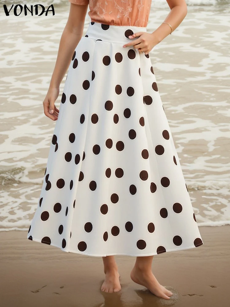 

Женские юбки для вечеринок VONDA размера плюс 5XL, лето 2029, богемные юбки с высокой талией в горошек Jupes Faldas Saia, плиссированные длинные плавки
