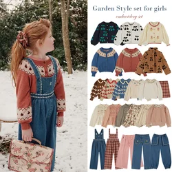 In Stock! Children's 2024 Autumn EM Series Girls' Countryside Style High Ding Embroidery Flower Knitted Sweater Pants Set Coat