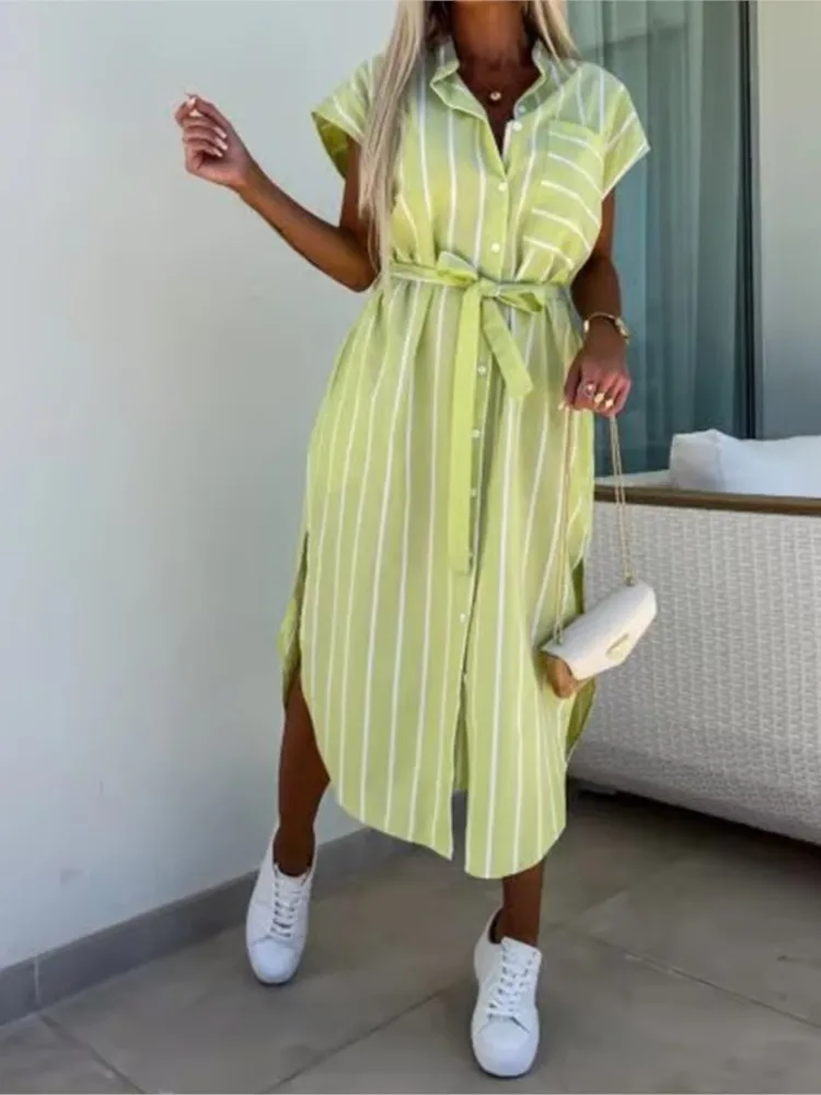 ファッショナブルなストライププリントカジュアルラペルミッドレングススカート痩身夏の新しいシングルブレストシャツドレス女性のための