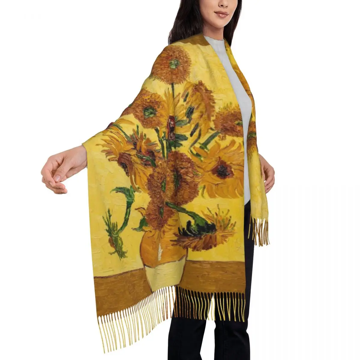 فنسنت فان جوخ عباد الشمس الشمس الزهور وشاح شرابة الأوشحة للنساء شالات دافئة لينة ويلتف كبير الخريف الشتاء شال التفاف