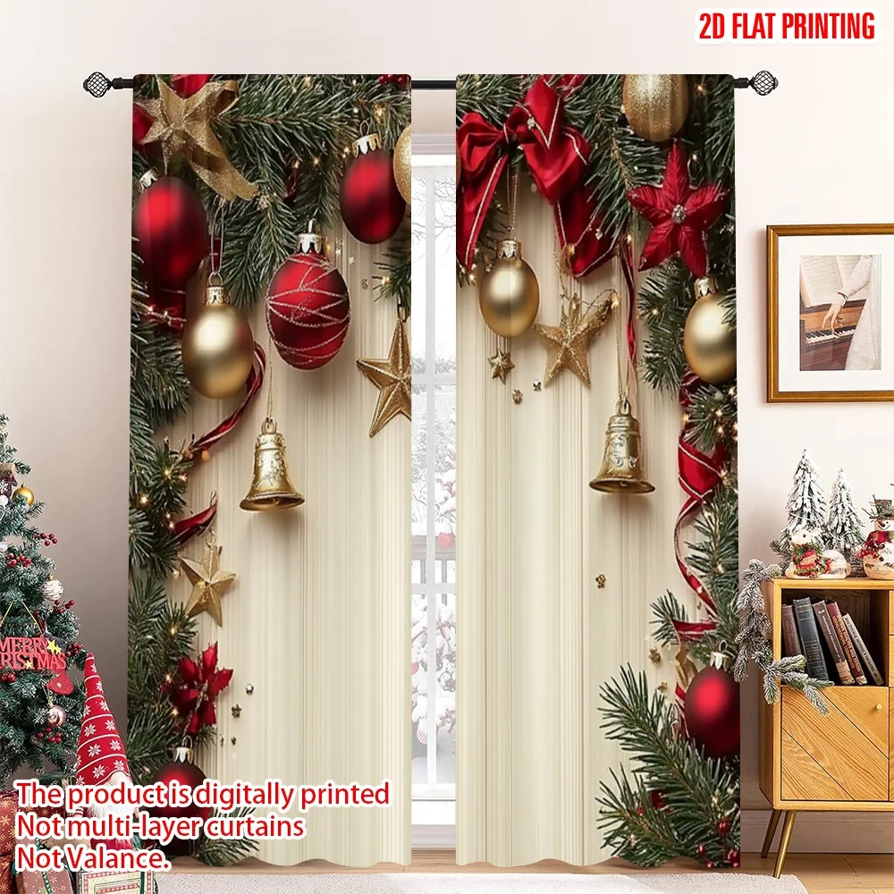 2pcs 2D flat printing Christmas Window Curtains Stars and pine branches 100% Polyester Fabric Without Electricity Festive Wall