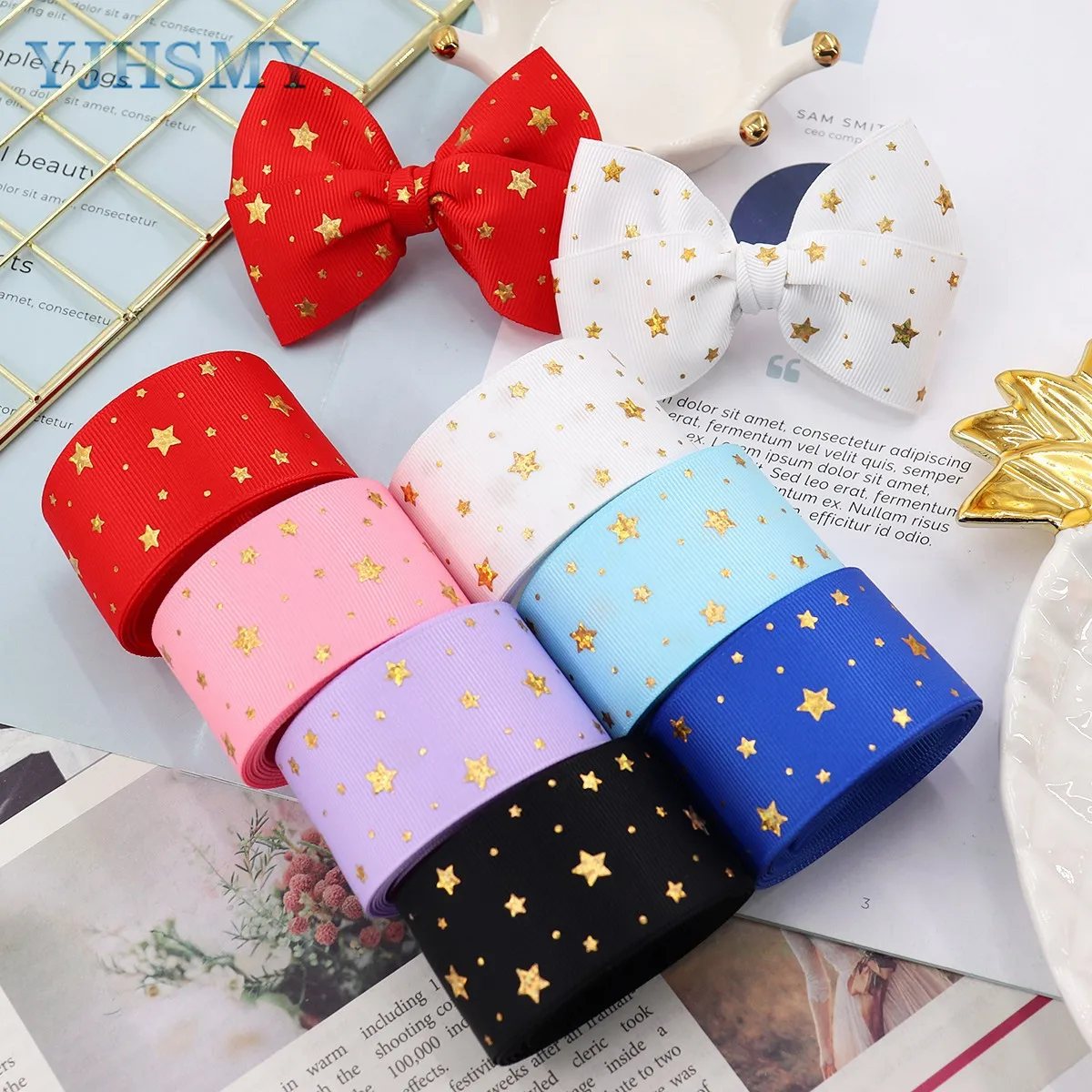 Star Gold Foil Satin Ribbon for Gift Wrapping for Crafts, Hair Bows Making, Wreaths, Flower Bouquets and DIY Sewing Decoratio