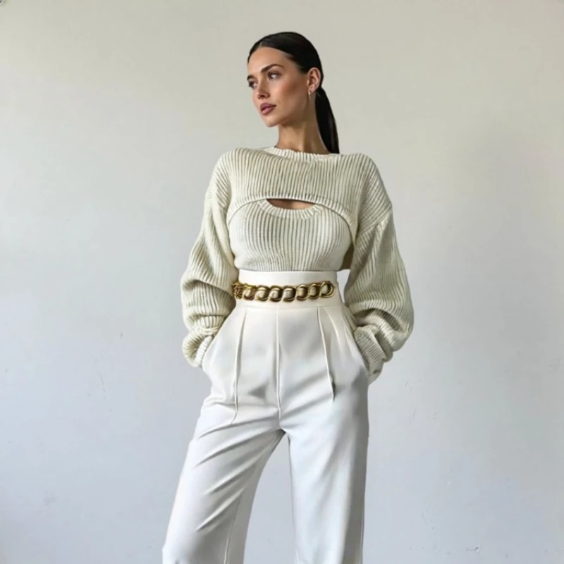 

Autumn and Winter New Fashion Women's Clothing Two-piece Set Elegant Long-sleeved Sweater Sexy Vest Lady's Knitted Pullovers