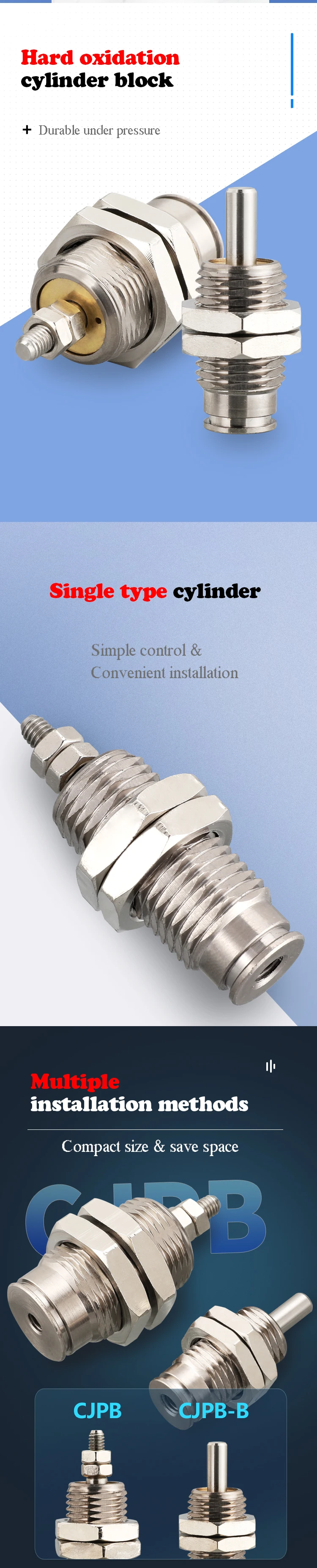 CJPB Mini-Pin-Zylinder, pneumatisch, einfachwirkend, mit Federrückstellung, für Panelmontage, Mikro-Luftzylinder, Bohrung 4/6/10/16 mm, Hub 5-30 mm – Detail 2