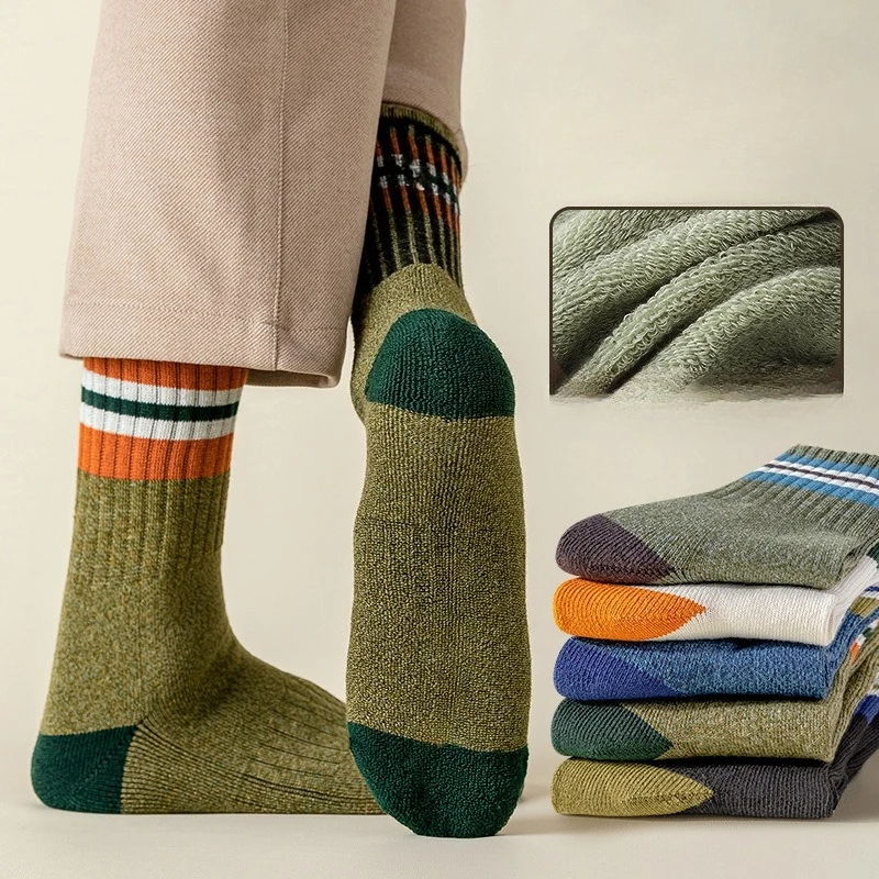 

5 Pairs Thick Looped Warm Long Tube Men's Socks with Stripes for Autumn Winter Comfortable and Versatile Men's Long Tube Socks