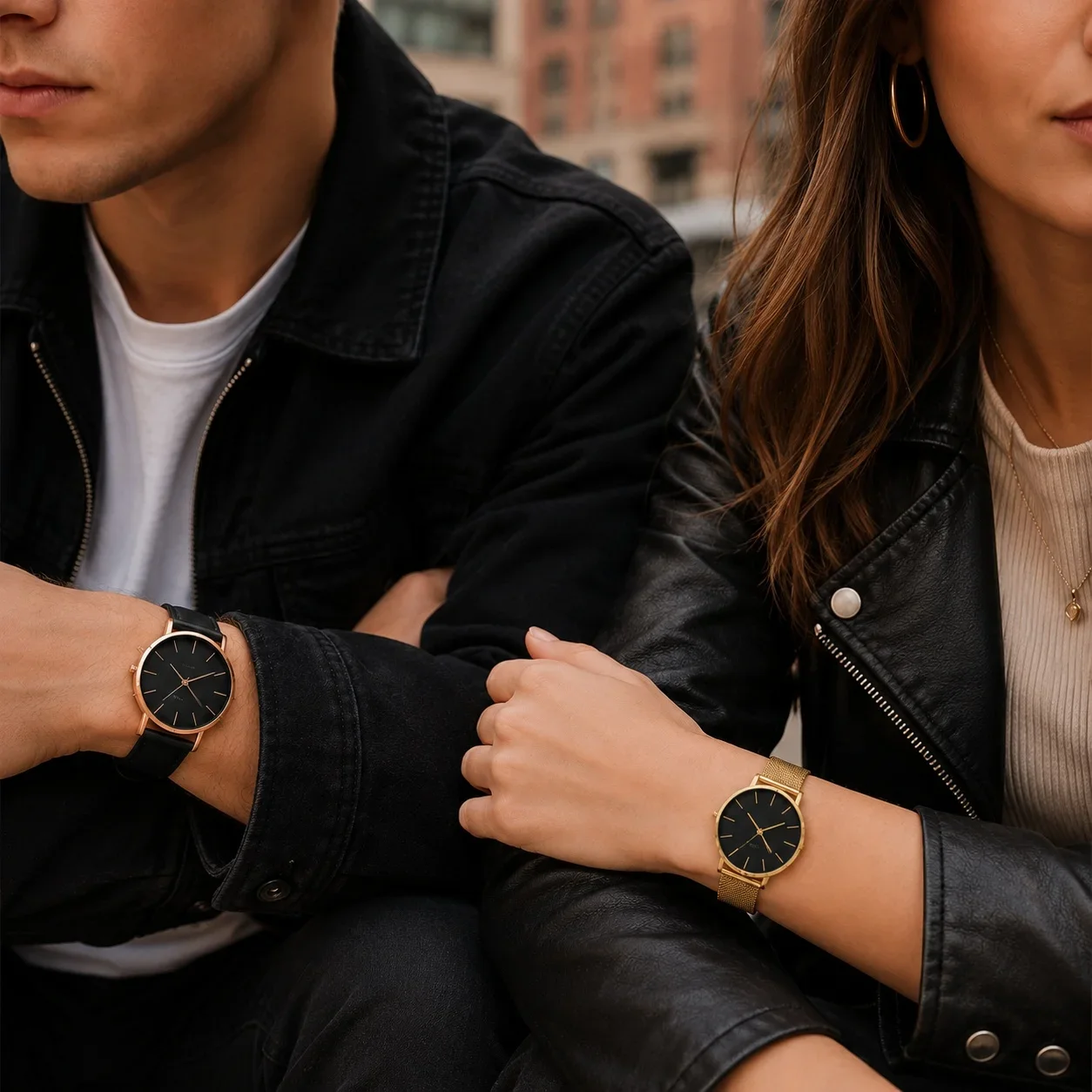 Luxury Simple Couple Watches Set 2Pcs Thin Round Dial Mesh Strap & Leather Band Quartz Wristwatches For Men Women Couple Gift