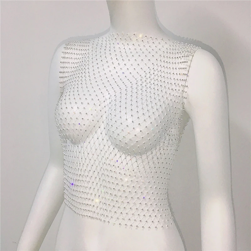 Y2K Tops & Tees: Sexy Mesh Crop Tops für Damen – Sommer 2026 Strass-Mode Party Durchsichtige Fishnet Hollow Out Tanktops – Detail 9