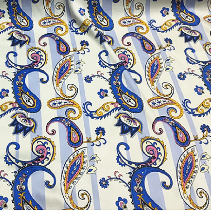 

1 meter 95% Mulberry Silk 5% Spandex 19 momme Charmeuse Silk Fabric Blue Paisley Printed 140cm 55" wide by the yard XL120