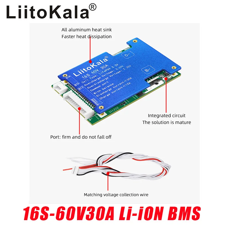 

LIitoKala 16S-60V30A-BMS Lithium polymer battery BMS 3.7V Same port PCM 60V 20Ah li-ion battery pack Balance protection board