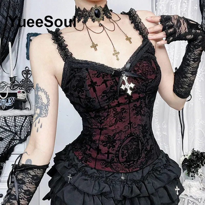 Gothic Lace Mesh Crop Tops Black Sexy Spaghetti Strap Corset Tops Goth Punk Grunge Fairy Core Halloween Y2K Aesthetic Clothes