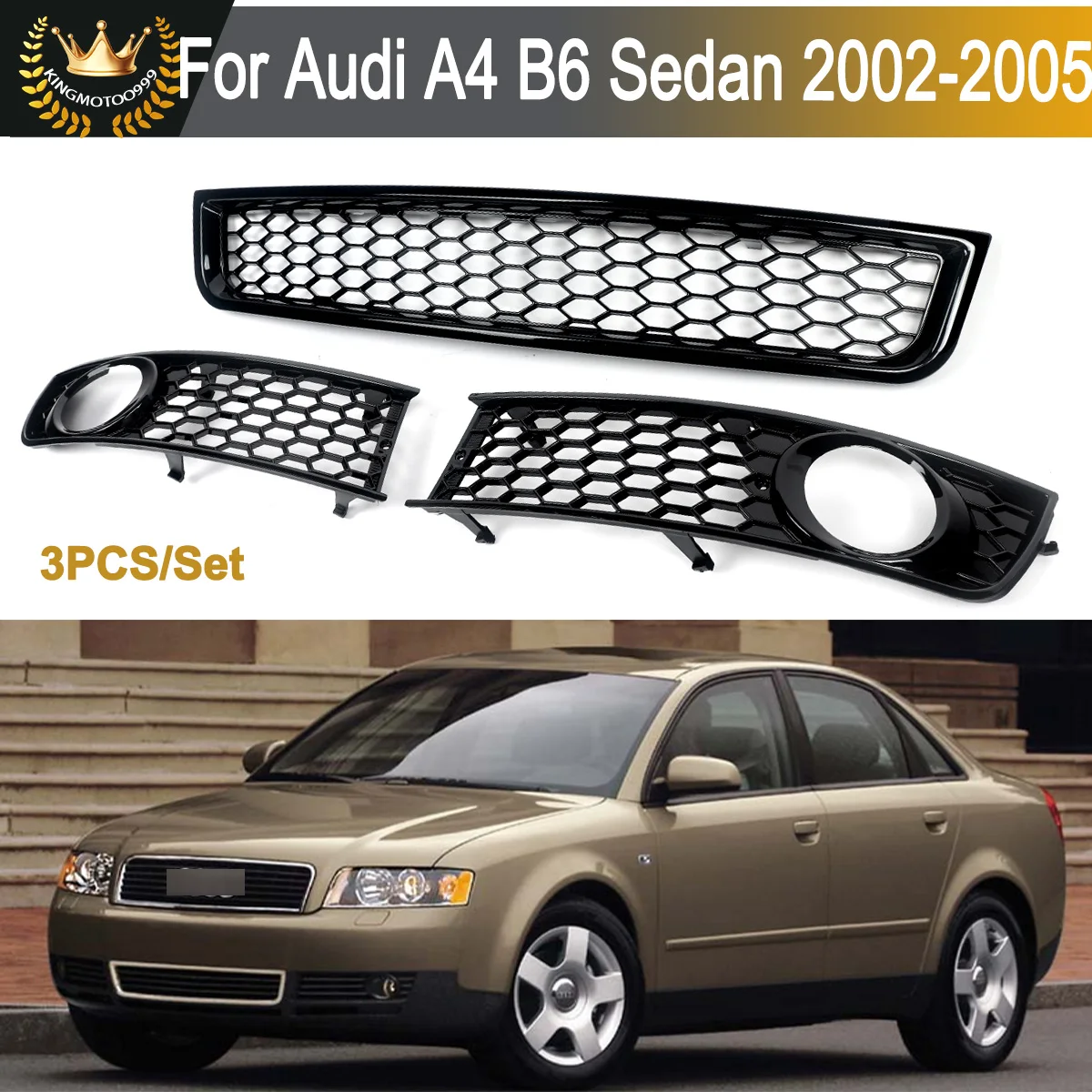 Image of Glänzend Schwarz für Audi A4 B6 Limousine 2002-2005 Wabenförmiger Frontstoßstangen-Untergrill + Nebelscheinwerfergitter Racing-Grills Außenteile RS-Stil