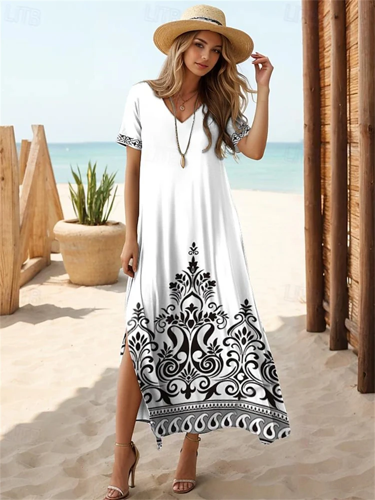 Classic Women's Bohemian Spring Summer Women Dresses Elegant V-neck Short Sleeve Slit Long Dress Party Pullover Vintage Clothing