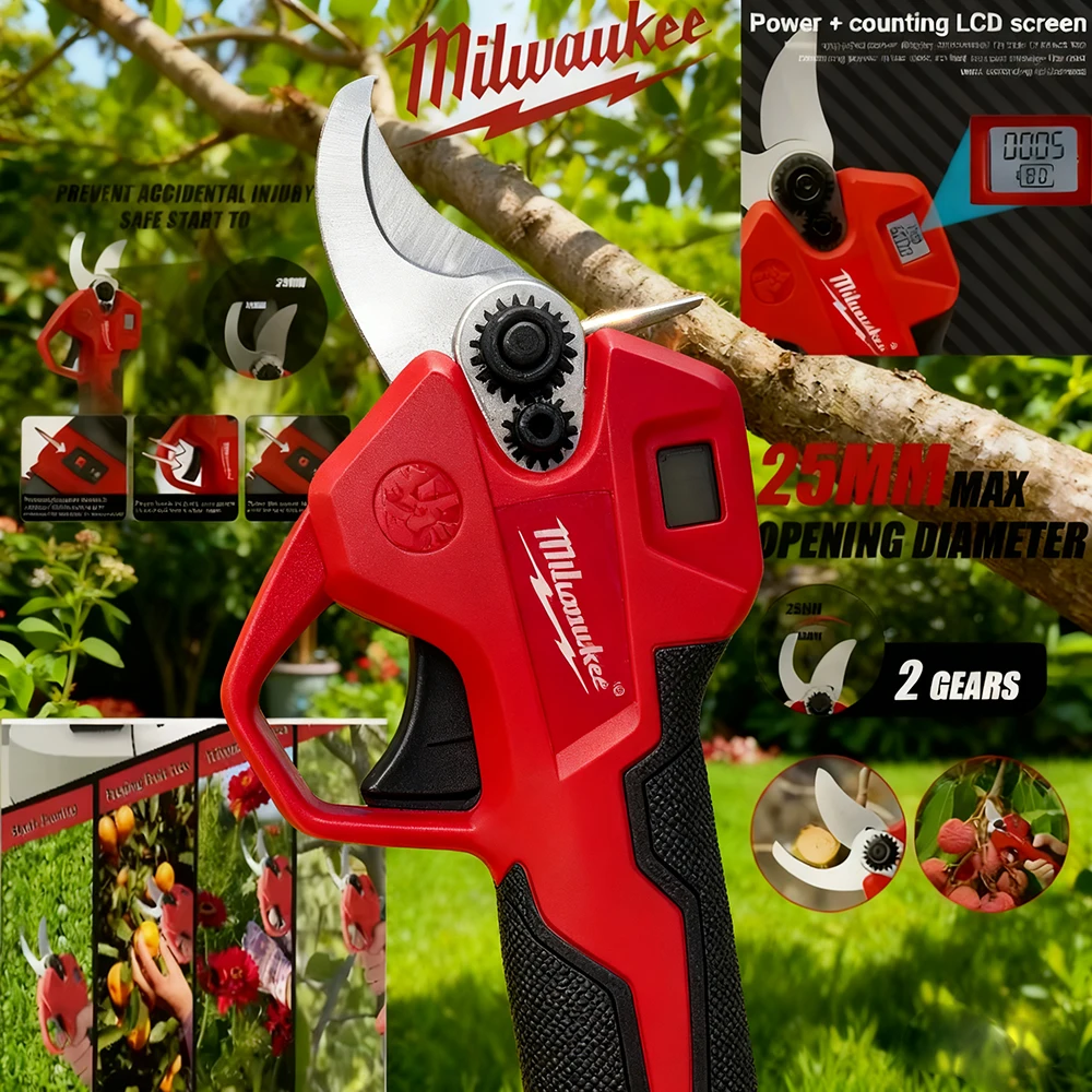 

Original Milwaukee 25mm Brushless Electric Pruning Shears, Cordless Garden Scissors for Fruit Tree Trimming Tool Fit 18V Battery