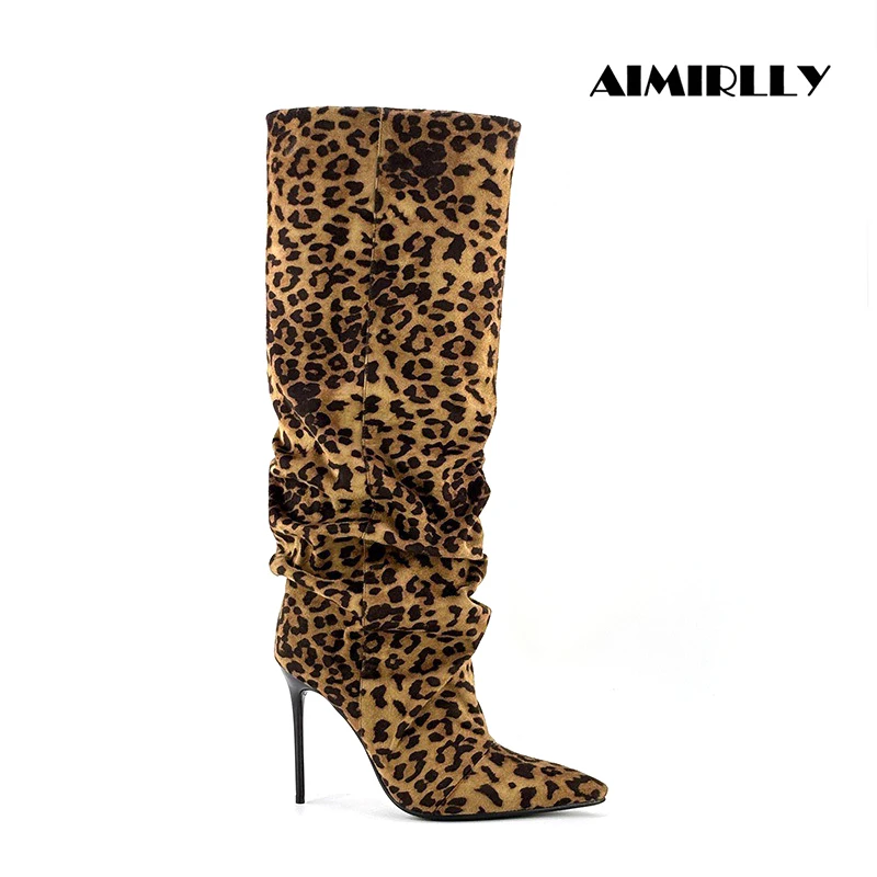 

Fashion Trend Women's Pleated Leopard Knee Boots Pointed Toe High Heels Wrinkle Shoes Ladies Autum Winter Chic Knee High Boots