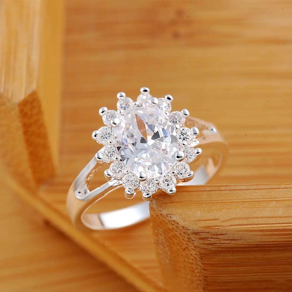 Popular Brands 925 Sterling Silver Crystal Flower Moissanite Diamond Rings For Women Fashion Wedding Party Gifts Jewelry