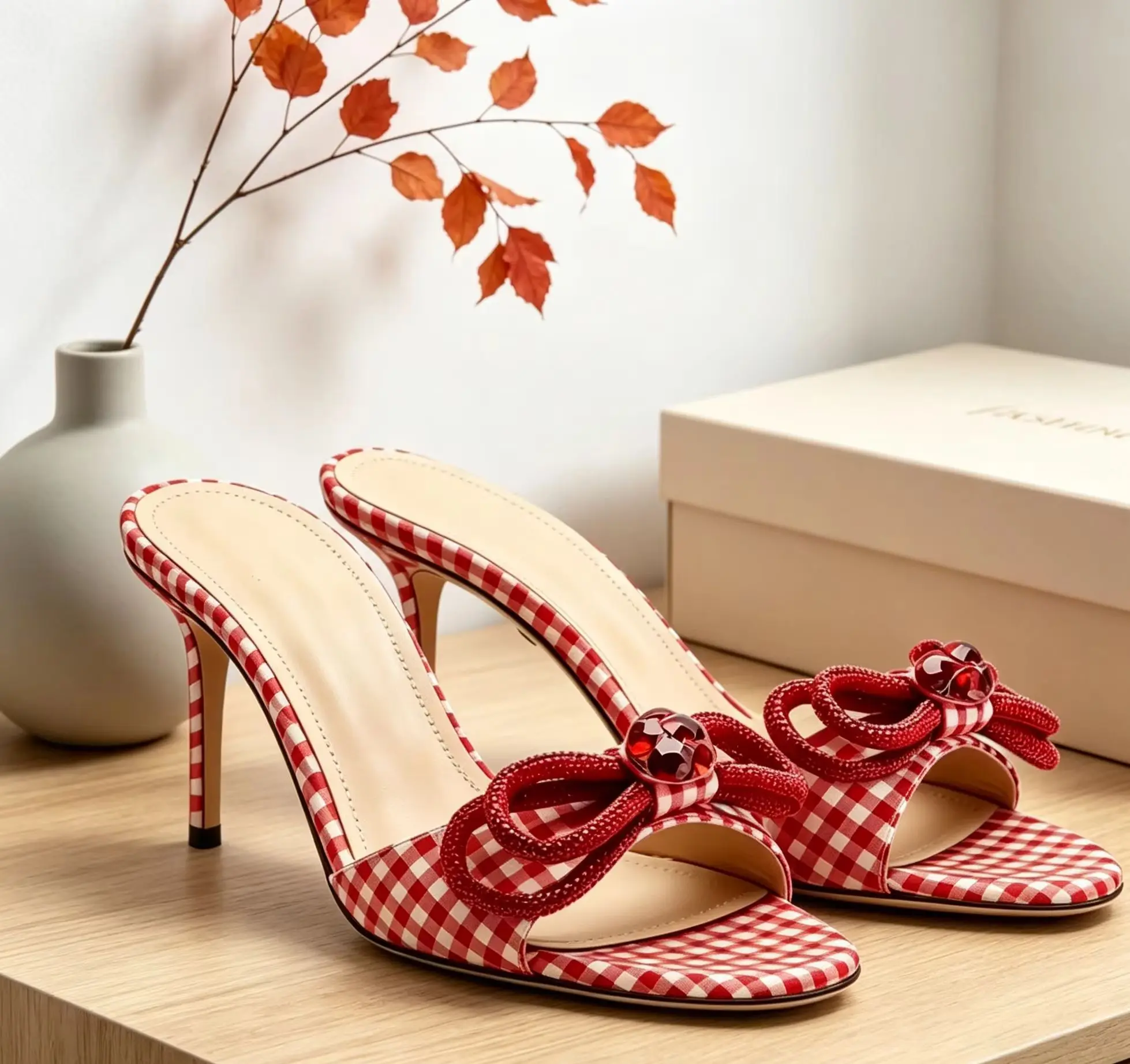Crystal Butterfly Gingham Women Stiletto High Thin Heel Mules Pumps Sandals Open Sexy Square Slippers Summer Party Elegant Shoes
