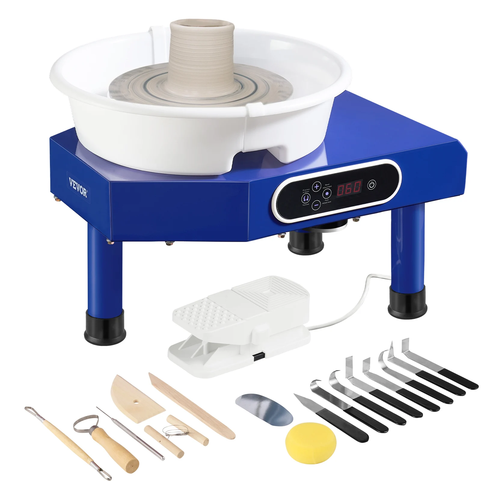 VEVOR 10in Pottery Wheel Machine Ceramic Forming Adjustable 60-300RPM Speed Manual LCD Panel Foot Pedal ABS Detachable Basin