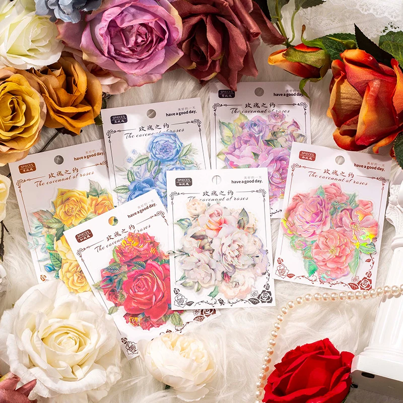 5Sheet PET Rose Stickers Bronzing Rose date Red three-dimensional iridescent Scrapbooking material background paper supplies