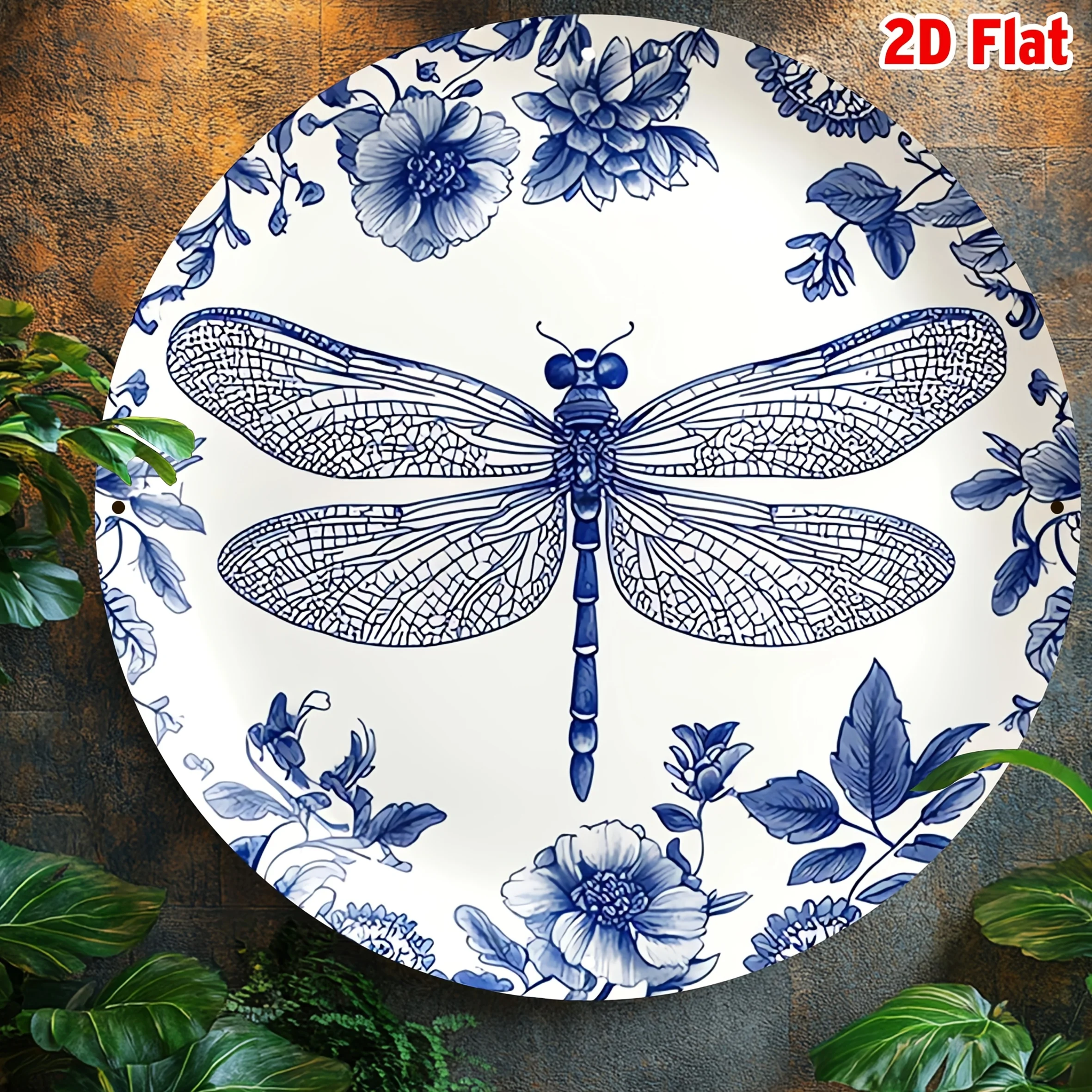2D Flat, [2D Flat] 1pc Round Room Decor Blue and White Porcelain Dragonfly Plate Design Aluminum Sign - 8x8inch Floral Wreath Me view 6