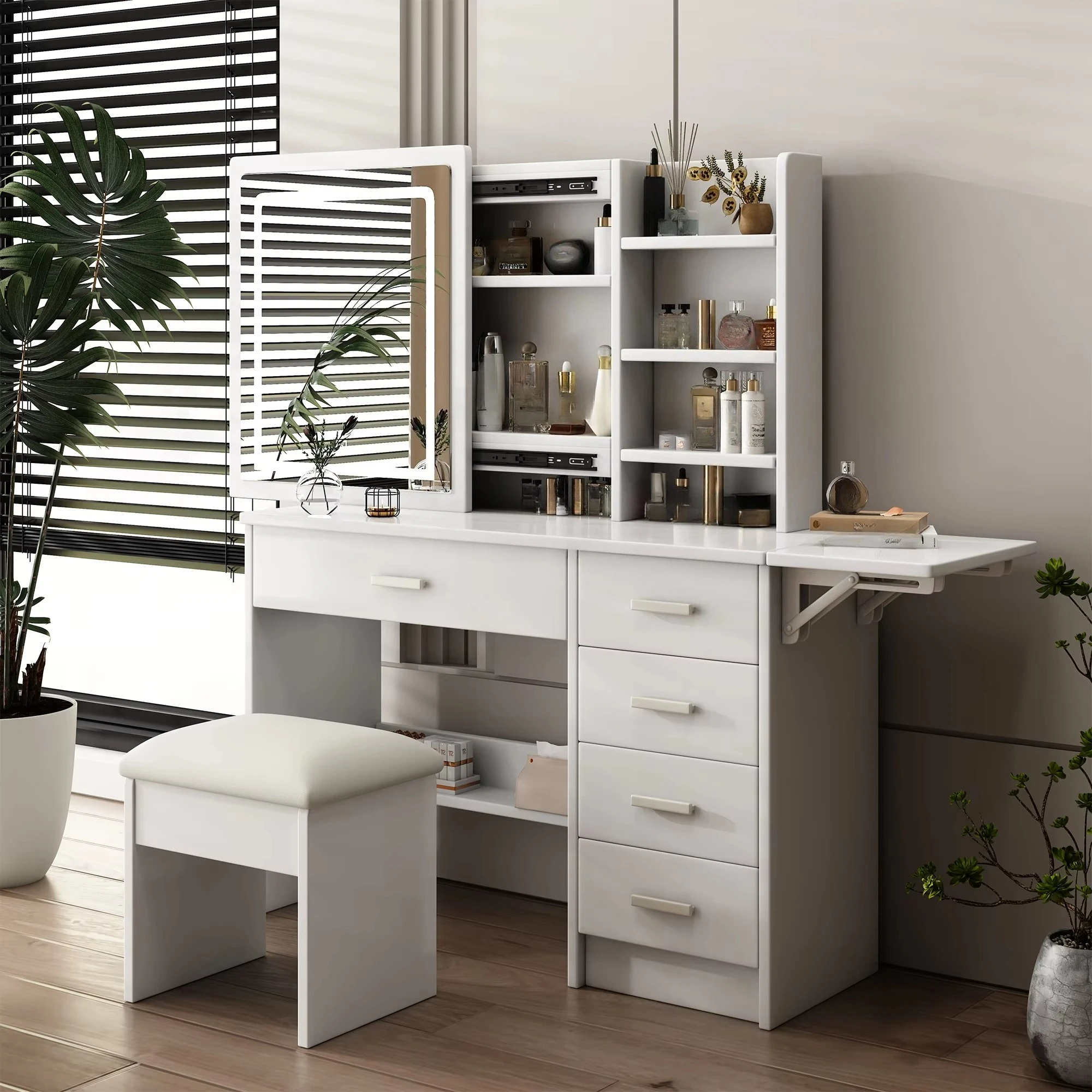 Overseas Spot Stock Wooden Dresser Table with LED Light Mirror Home Furniture for Girls for Bedroom or School-Custom