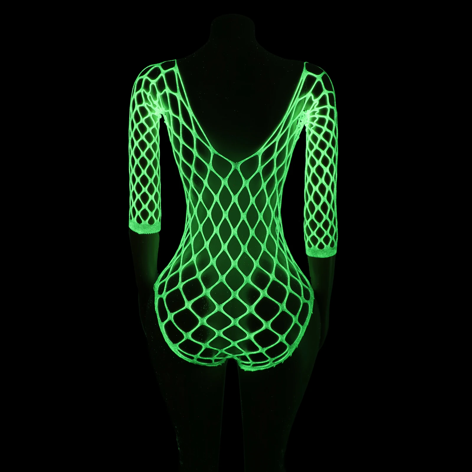 Body de rede fluorescente luminosa com mangas perfeito para apresentações de bar e boate, roupa de dança sexy e ousada