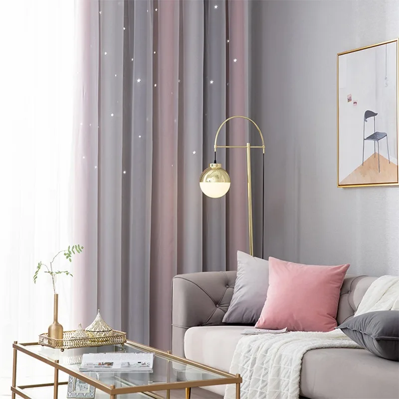 Bedroom Curtains Gradient Hollow Stars Printed Cloth with Yarn Double-Layer Shading Curtain