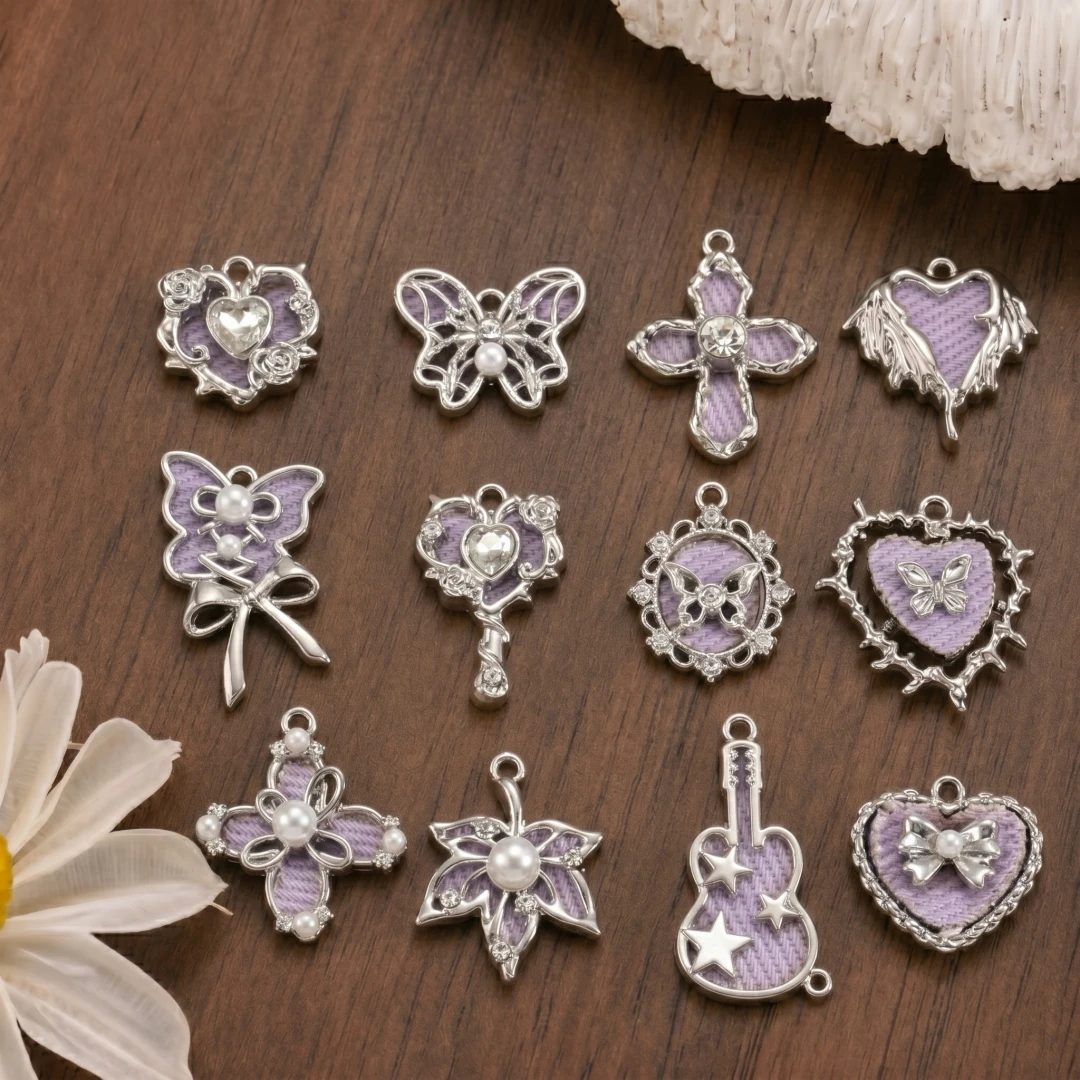 5 Stück süße und niedliche Mädchen-Anhänger mit rosa Herz, Schmetterling und Kreuz, Y2K DIY handgemachter Schmuck, Halskette, Ohrringe, Perlen-Accessoires – Detail 4