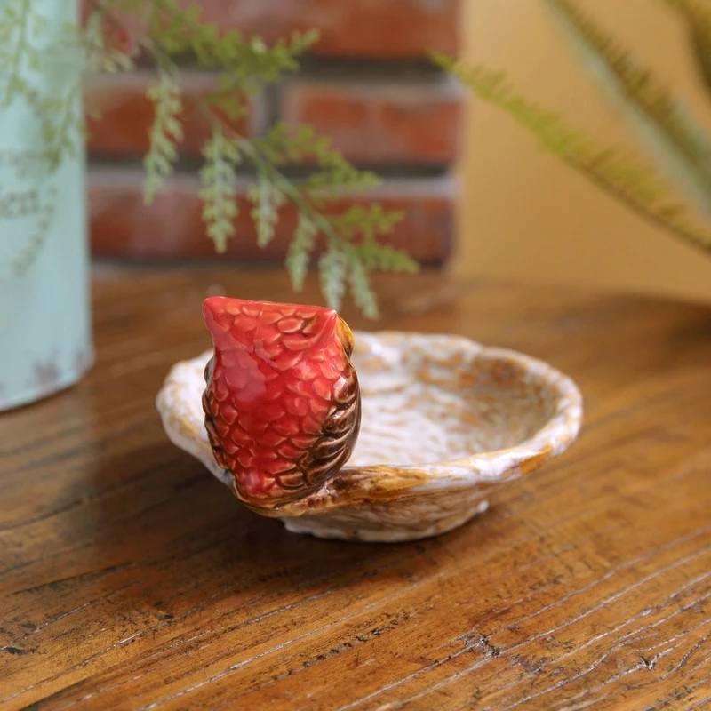 Round Bird's Nest With Owl Ceramic Tray Vintage Red For Home Tabletop Decoration Jewelry Keys Storage Plate Holder Soap Dish view 4