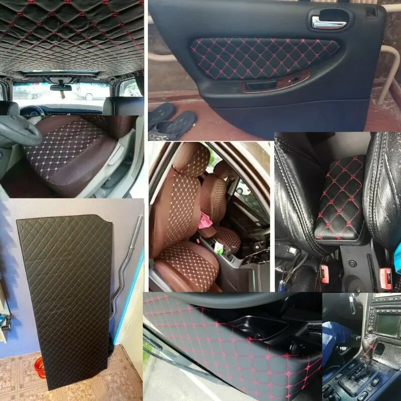 100cm Plaid Embroidery Sponge Fabric Imitate Leather Thick Quilted Cloth for Car Interior DIY Roof Seat Home Upholstery Material