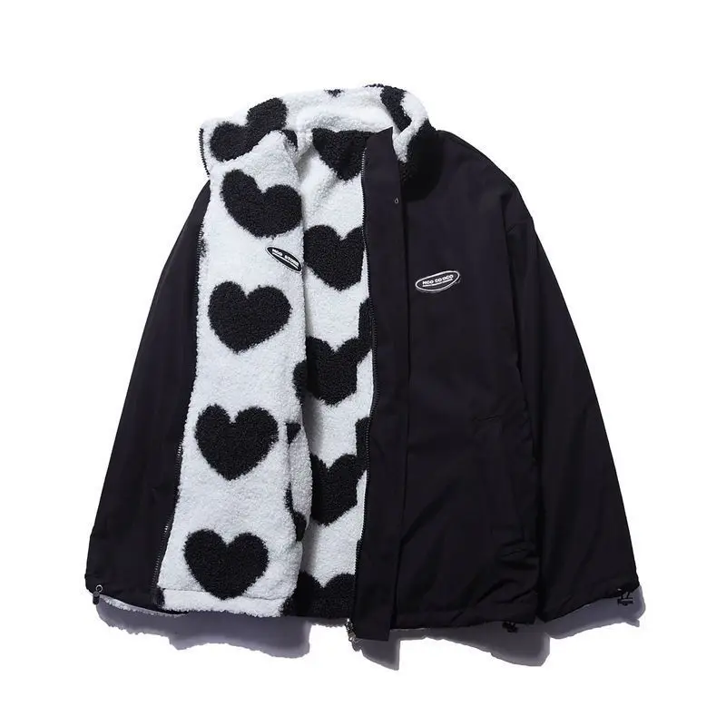 Women Double-sided Lamb Fur Plush Coat Couple Loose Heart Print Love Padded Jackets Casual Zipper Winter Stand up Collar Outwear