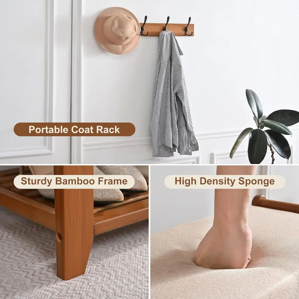 Bamboo 3-Tier Shoe Storage Bench with Coat Rack, Holds Up to 330 lbs for Entryway and Bedroom