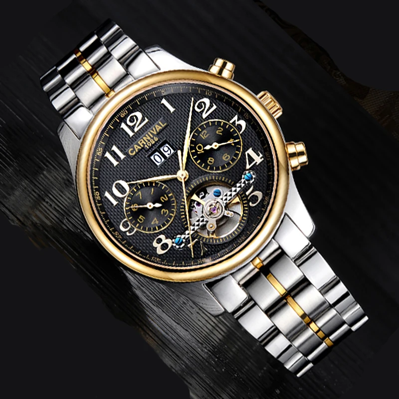 

КАРНАВАЛ брендовые автоматические часы со скелетом, водонепроницаемые стальные мужские модные роскошные механические наручные часы с турбийоном, reloj hombre