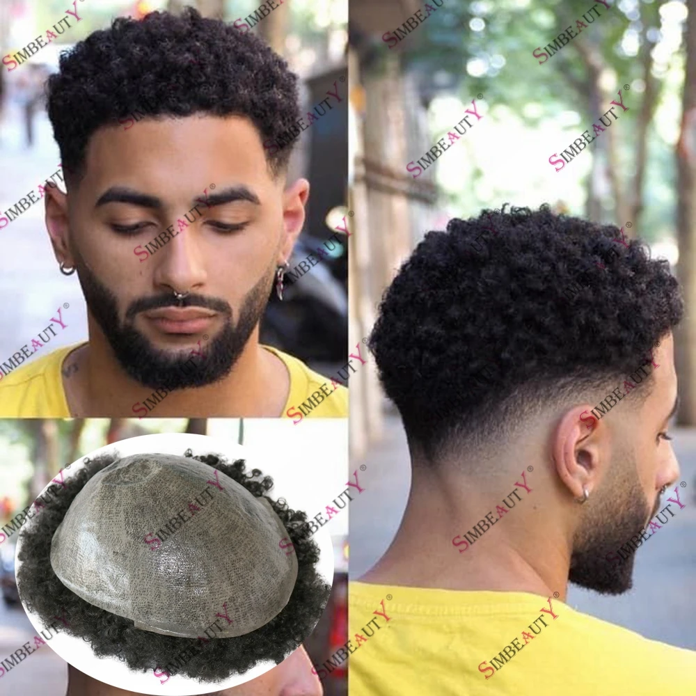 

Human Hair Prosthesis Capillary for Black Men Kinky Curly Afro Men Hairstyle Easy Install Full Skin Poly Injected Toupee for Men