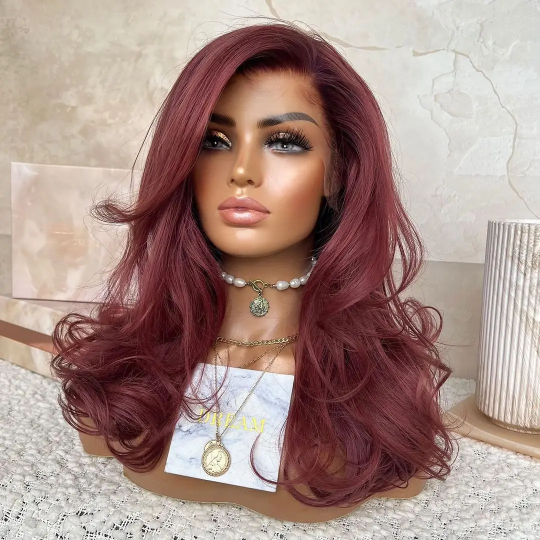 QW Burgundy 99J Wine Red Body Wave Synthetic Lace Front Wig  Black Hair Lace Frontal Wigs for Women Heat Resistant Fiber Cosplay