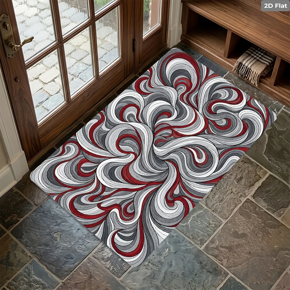 Abstract Red Grey Swirl Doormat 2D Optical Illusion Art Floor Rug For Modern Home Entrance Decor