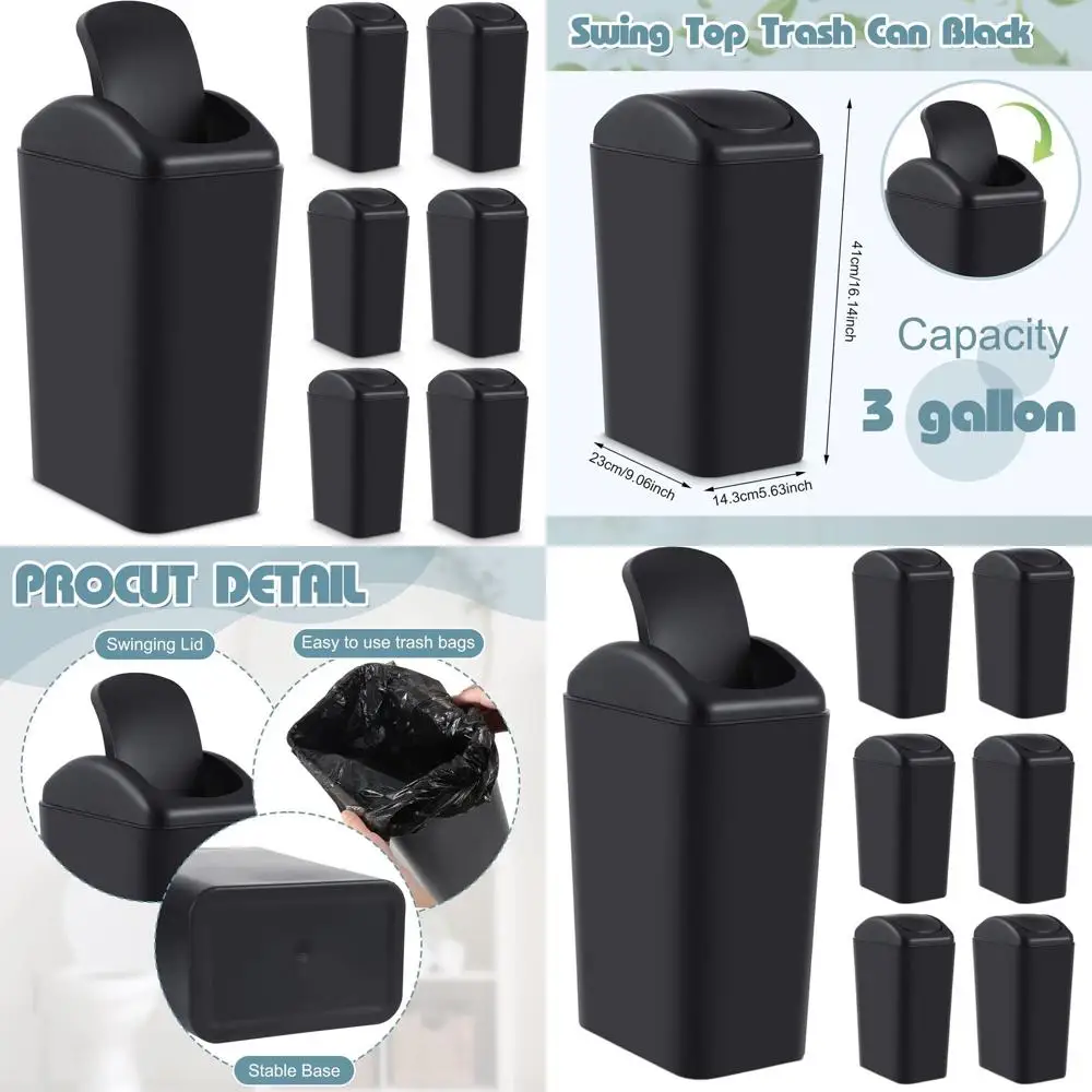 

6 Pack 3 Gallon Plastic Trash Cans with Lids for Kitchen, Bathroom, Office, and Outdoor Use (Black)