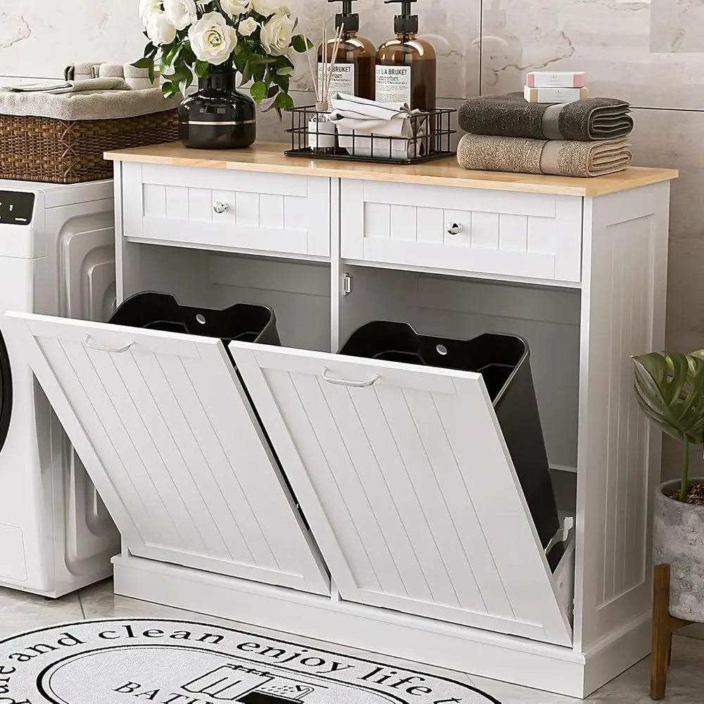 

Double Bin Trash & Recycling Cabinet, 2x13 Gallon Standing Kitchen Storage with Hidden Drawers, White
